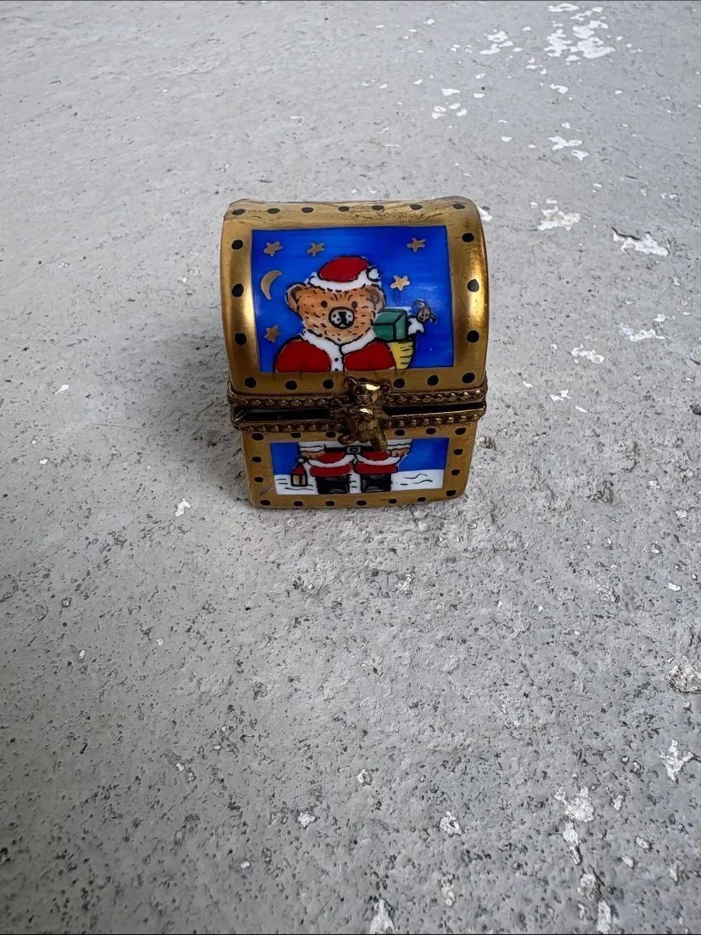 Vintage Limoges Christmas toy chest with teddy bear